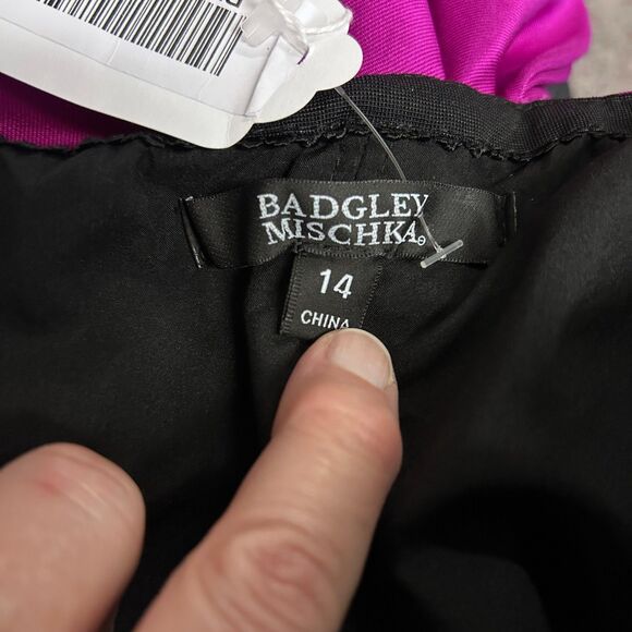 Badgley Mischka Black Strapless Orchid Pink Ribbon Detail Long Column Dress 14 - Picture 5 of 15